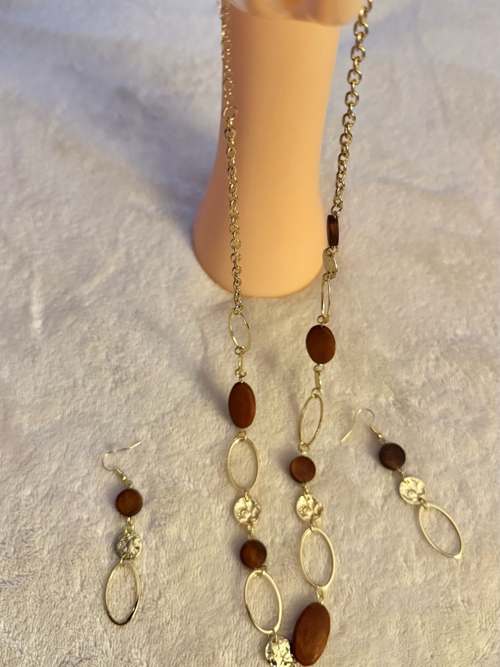 Gold-Tone Necklace and Earring Set with Brown Accents
